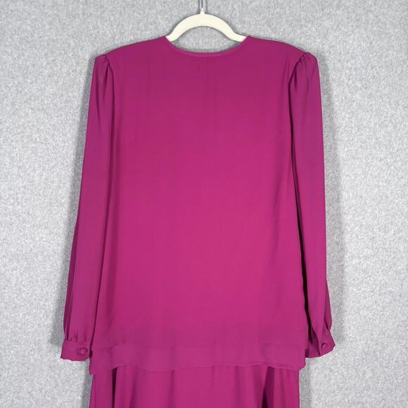Vintage 80s Coco California Dress Medium Midi Pleated Drop Waist Bow Fuchsia USA - Picture 9 of 11